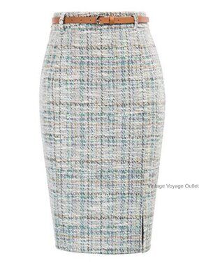 Tweed Pencil Skirt Knee Length with Slit High Rise Belted Business Casual